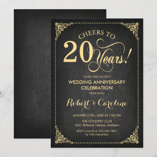 20th Wedding Anniversary - Chalkboard Gold Invitation
