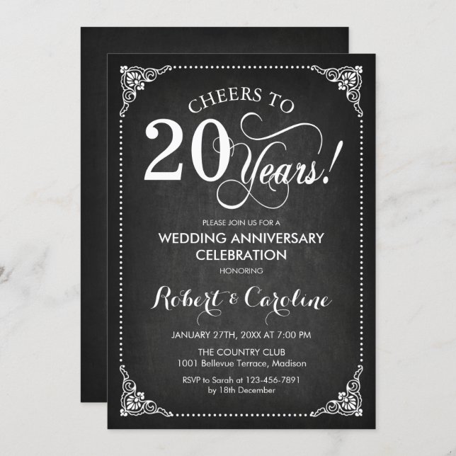 20th Wedding Anniversary - Chalkboard White Invitation (Front/Back)