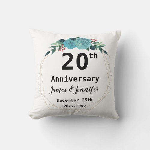 20th Wedding Anniversary Custom Names and Year  Throw Pillow