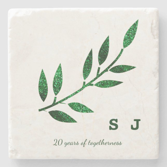20th Wedding Anniversary Emerald Green Monogram Stone Coaster (Front)