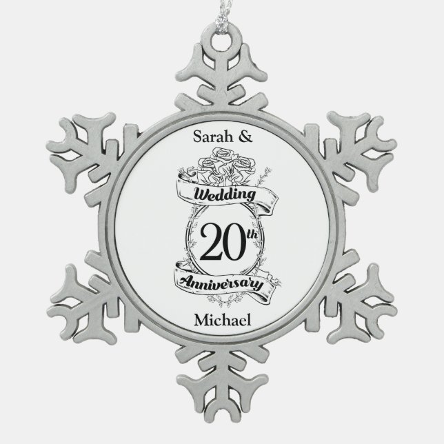 20th Wedding Anniversary Flowers Snowflake Pewter Christmas Ornament (Front)