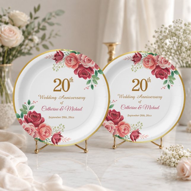 20th Wedding Anniversary Gold Frame Floral Paper Plates (Creator Uploaded)