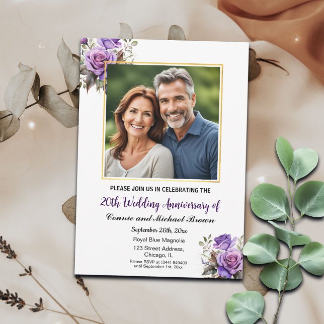 20th Wedding Anniversary Gold Frame Purple Roses Invitation (Creator Uploaded)
