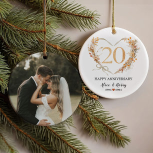 20th Wedding Anniversary Gold Hearts Couple Photo Ornament