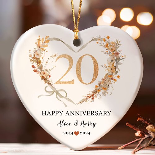 20th Wedding Anniversary Gold Hearts Couple Photo  Ornament