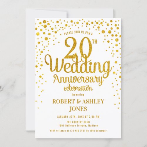 20th Wedding Anniversary _ Gold  White Invitation