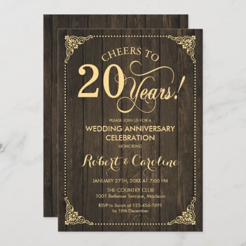 20th Wedding Anniversary _ Gold Wood Invitation