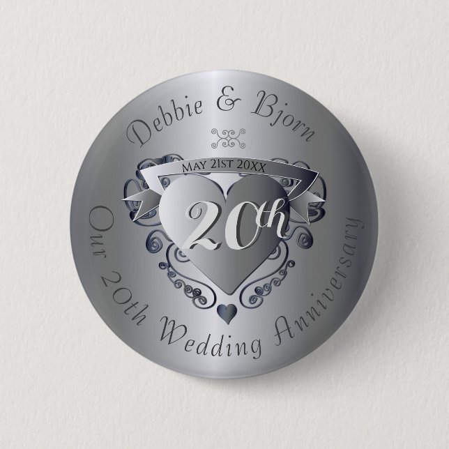 20th Wedding Anniversary Hear Emblem Button (Front)