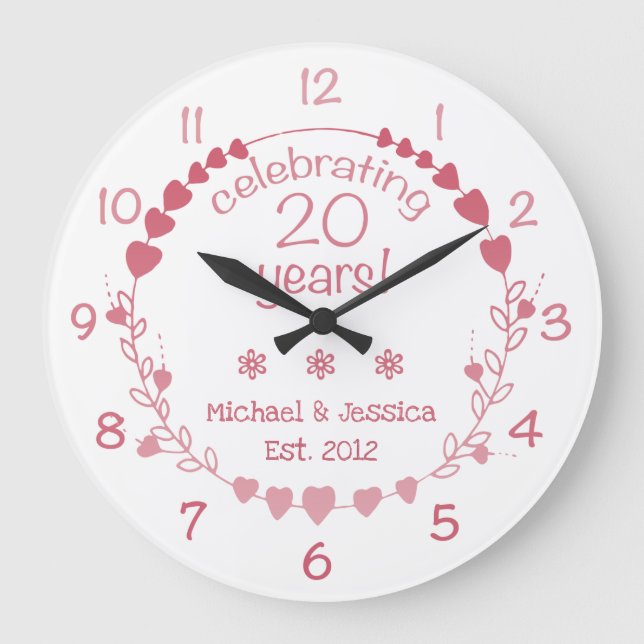 20th Wedding Anniversary Hearts Large Clock (Front)