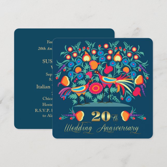 20th Wedding Anniversary Party Folk Art Invitation (Front/Back)