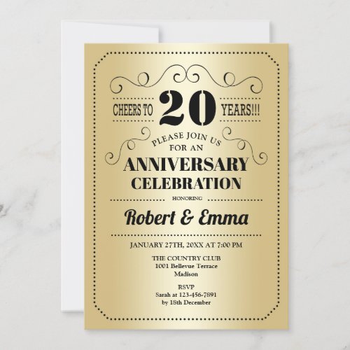 20th Wedding Anniversary Party _ Gold Black Invitation