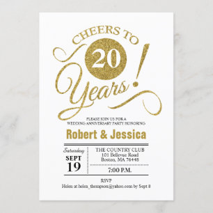 20th Wedding Anniversary Party - Gold White Invitation