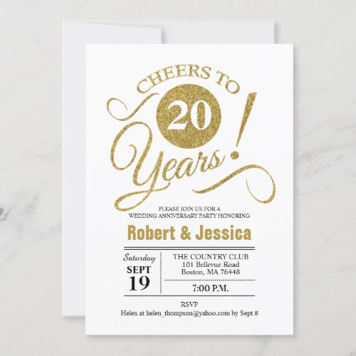 20th Wedding Anniversary Party _ Gold White Invitation