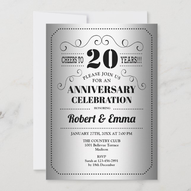 20th Wedding Anniversary Party - Silver Black Invitation (Front)