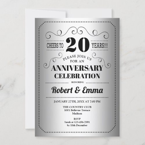 20th Wedding Anniversary Party _ Silver Black Invitation