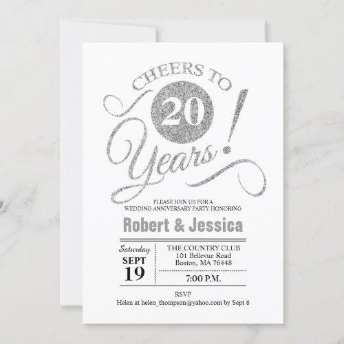 20th Wedding Anniversary Party _ Silver White Invitation