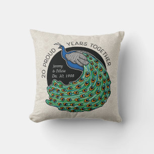 20th Wedding Anniversary, Peacock Bird Hearts Throw Pillow