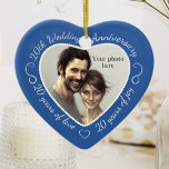 20th Wedding Anniversary Photo Ceramic Ornament<br><div class="desc">Celebrate a 20th happy year of marriage with a custom photo ornament in a delightful heart shape frame. Simply upload your own photo of the married couple and it will appear in the cutout. The blue surround features a white script font and decorations. The words are: 20th Wedding Anniversary -...</div>