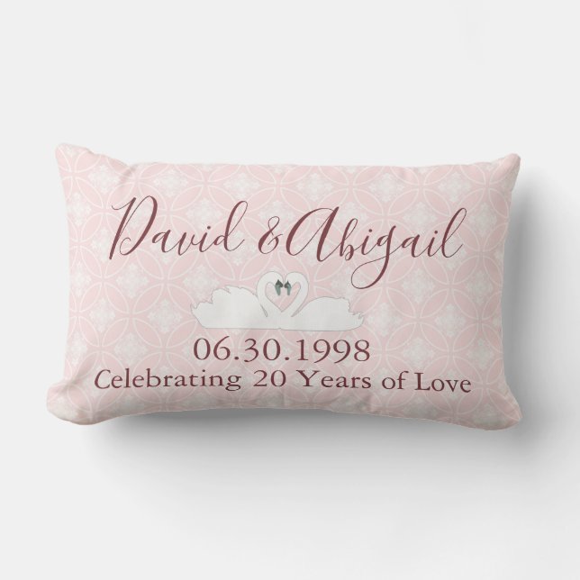 20th Wedding Anniversary Pink and White Damask Lumbar Pillow (Front)