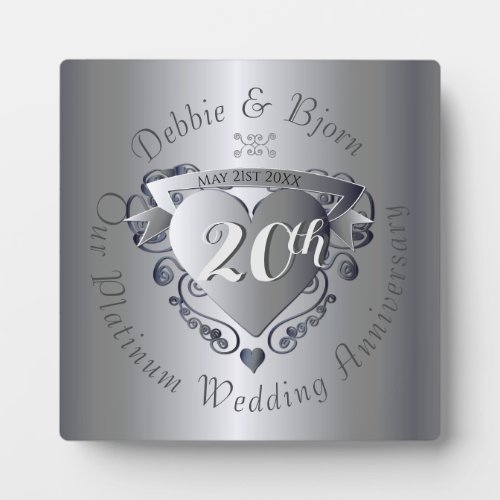 20th Wedding Anniversary Platinum Heart Emblem Plaque