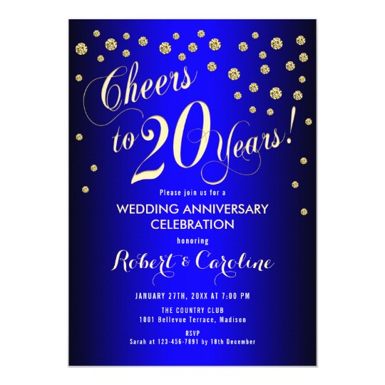 20th Wedding Anniversary Royal Blue & Gold Invitation