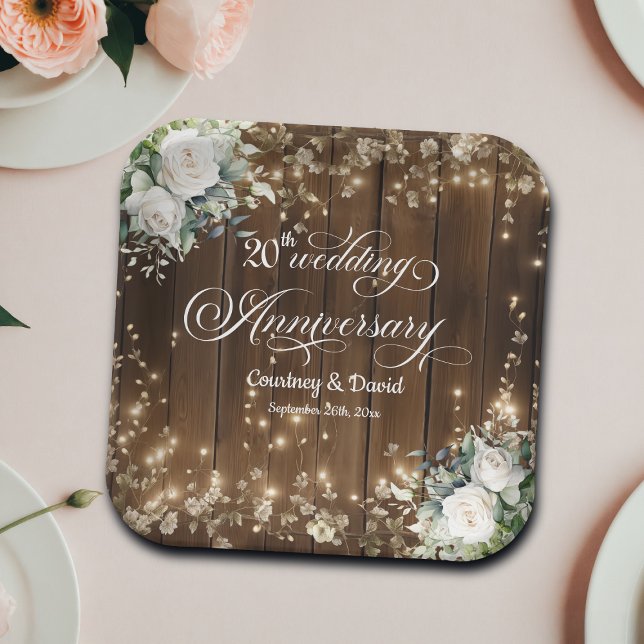 20th Wedding Anniversary Rustic String Lights  Paper Plates (Creator Uploaded)