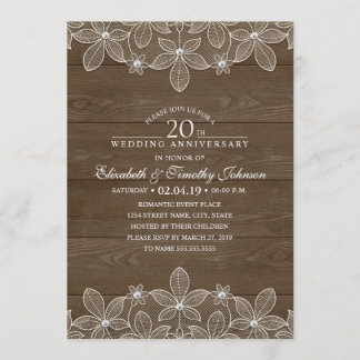 20th Wedding Anniversary Rustic Wood Country Lace Invitation