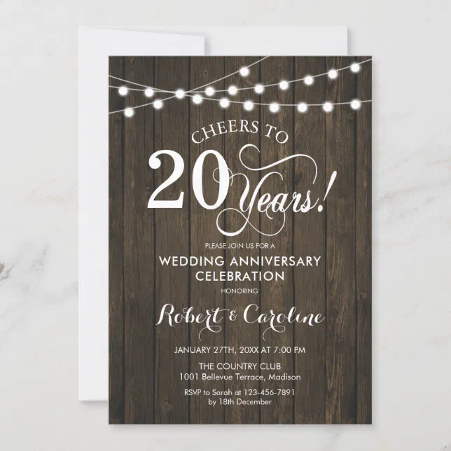 20th Wedding Anniversary - Rustic Wood Invitation | Zazzle