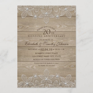 20th Wedding Anniversary Rustic Wood Vintage Lace Invitation