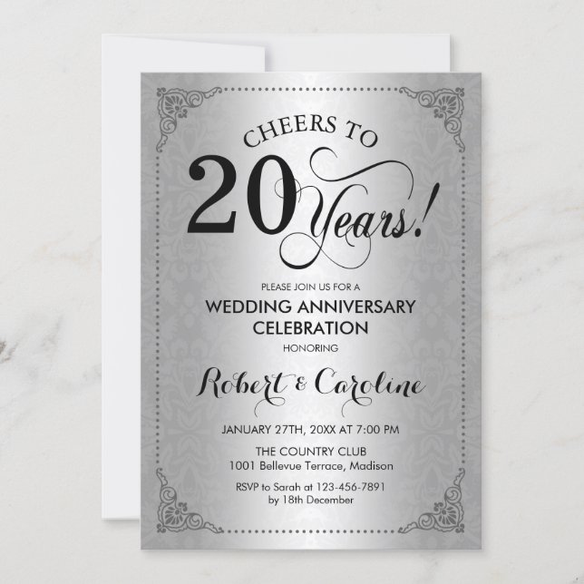 20th Wedding Anniversary - Silver Black Damask Invitation (Front)