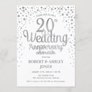 20th Wedding Anniversary - Silver & White Invitation
