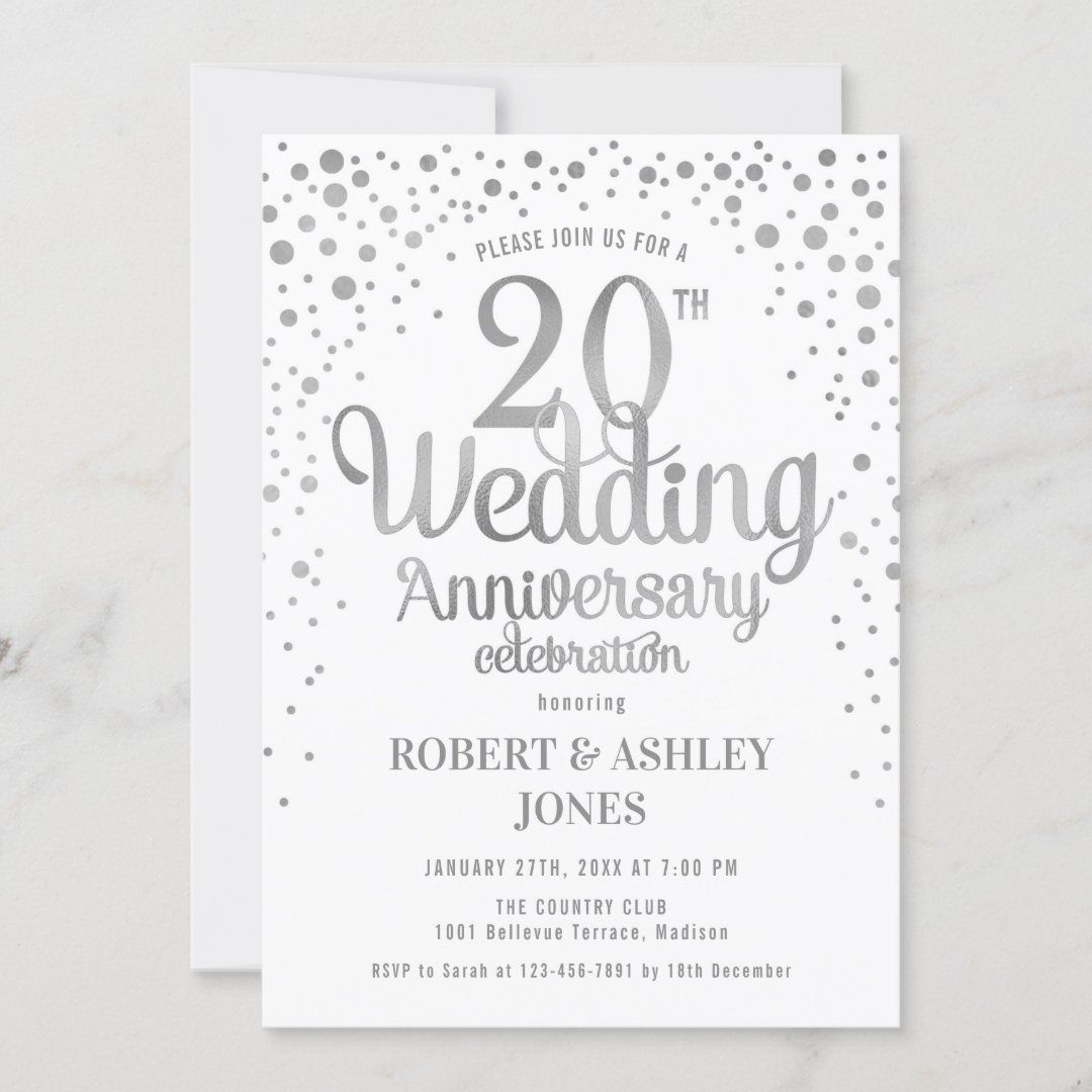 20th Wedding Anniversary - Silver & White Invitation | Zazzle