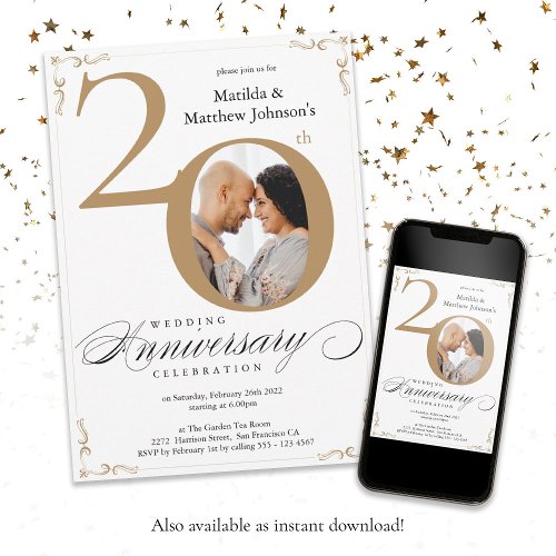 20th Wedding Anniversary White Gold Calligraphy Invitation