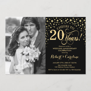 20th Wedding Anniversary with Photo - Gold Black Invitation