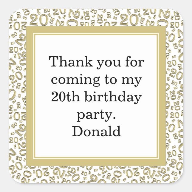 20th Your Age Random Number Pattern Gold/White Square Sticker (Front)