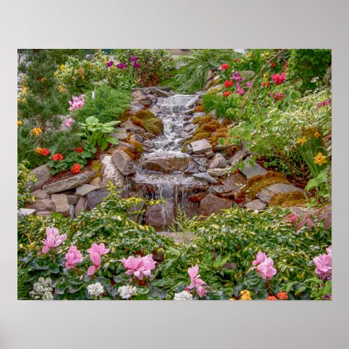 20x16 Flowing Waterfall with spring flowers Poster