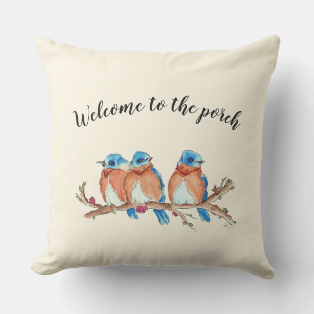 20x20 Watercolor bluebirds, "Welcome to the porch" Outdoor Pillow (Front)