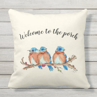 20x20 Watercolor bluebirds, "Welcome to the porch" Outdoor Pillow