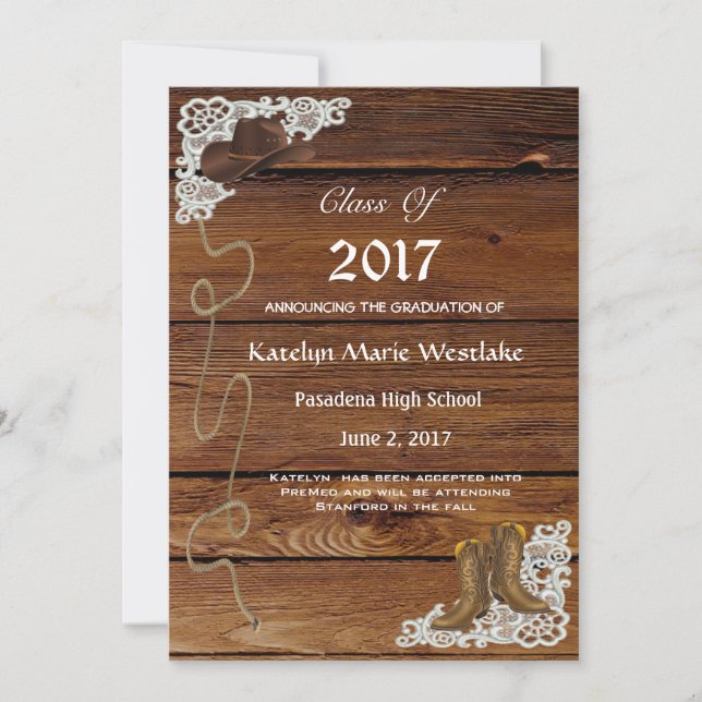20XX Wood, Boots & Lace Graduation Announcement (Front)