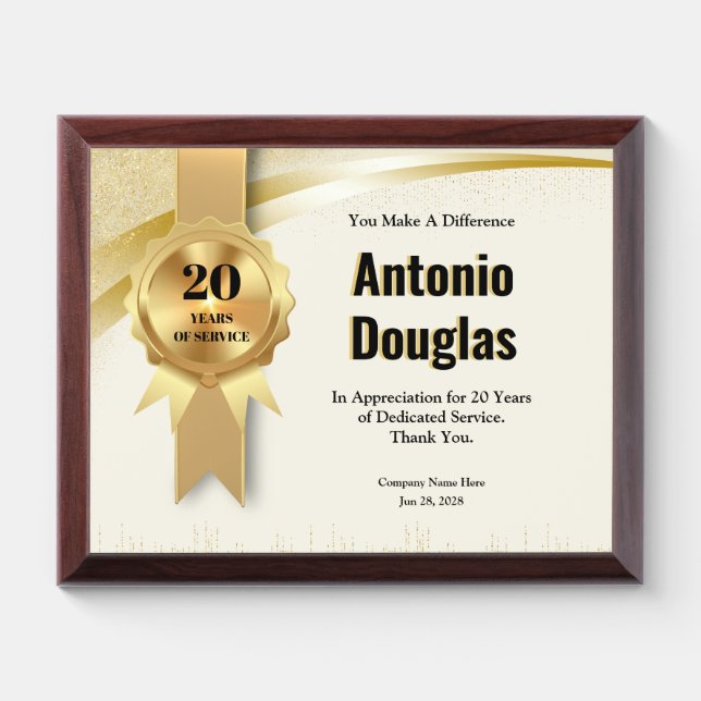 20Year Work Anniversary Employee Appreciation Gold Award Plaque (Horizontal)