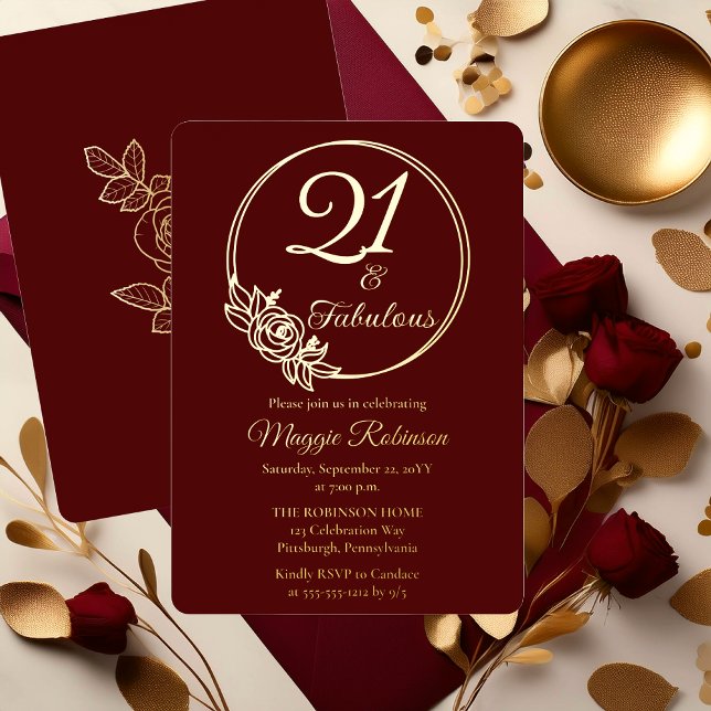 21 and Fabulous 21st Birthday Party Stamped Foil Invitation ("21 and Fabulous" 21st Birthday Party Stamped Foil Invitations - Burgundy)