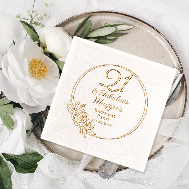 21 and Fabulous 21st Birthday Party Stamped Foil Napkins (Elegant "21 and Fabulous" Floral Wreath Frame 21st Birthday Party Stamped Foil Napkins)