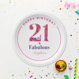 21 and Fabulous Pink Folk Floral  Birthday Paper Plates