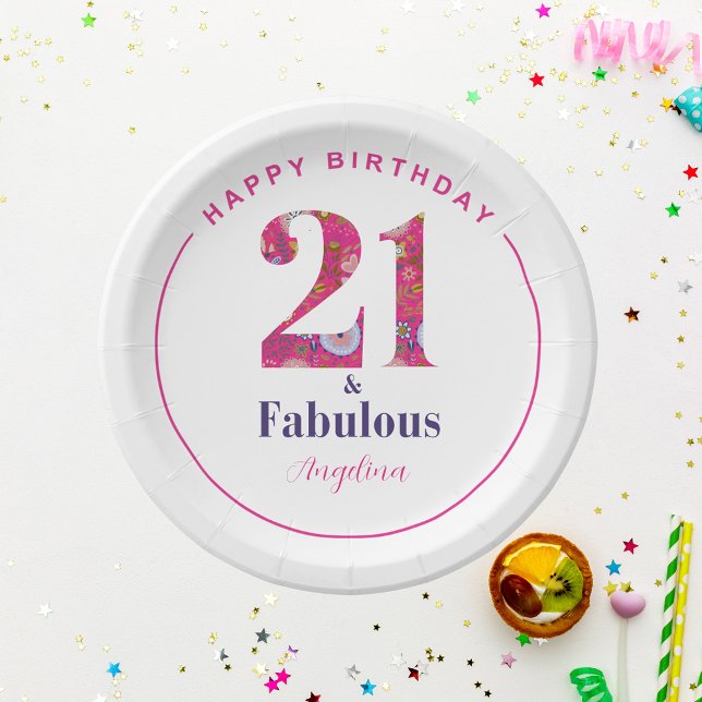 21 and Fabulous Pink Folk Floral  Birthday Paper Plates (Creator Uploaded)