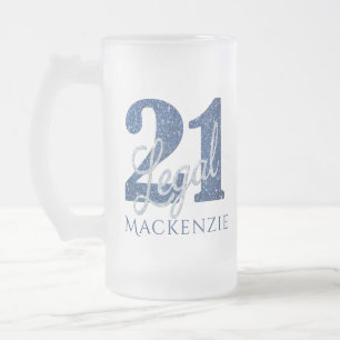 21 and Legal   Blue 21st Birthday Chic Glitter Frosted Glass Beer Mug