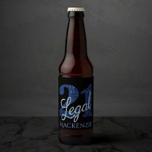 21 and Legal   Blue Faux Glitter 21st Birthday Beer Bottle Label