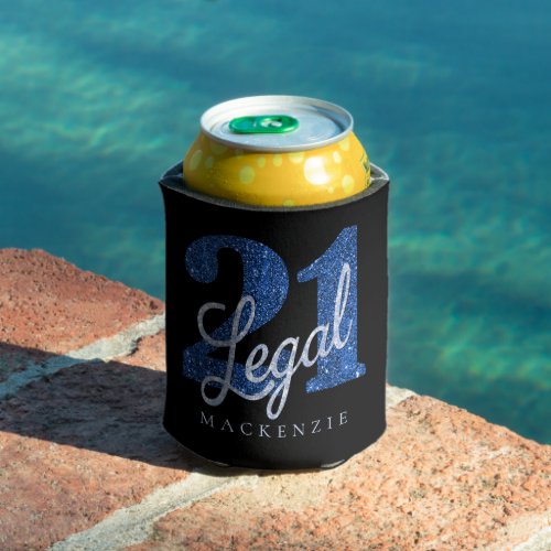 21 and Legal  Blue Faux Glitter 21st Birthday Can Cooler