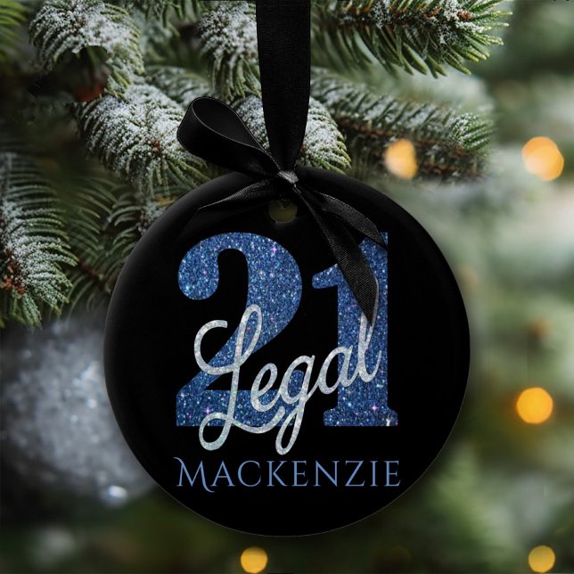 21 and Legal | Blue Faux Glitter 21st Birthday Ceramic Ornament (Creator Uploaded)