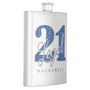 21 and Legal | Blue Faux Glitter 21st Birthday Flask
