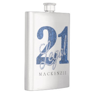 21 and Legal Blue Faux Glitter 21st Birthday Flask